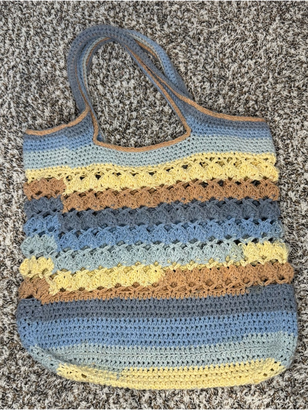 Handmade Crochet Tote Bag Blue Yellow Boho Knit Shoulder Bag Cottagecore